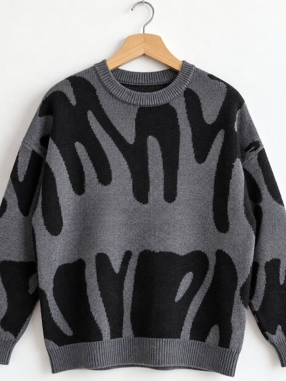Men’s Abstract Graphic Knit Crewneck Sweater XL Black Grey NWOT